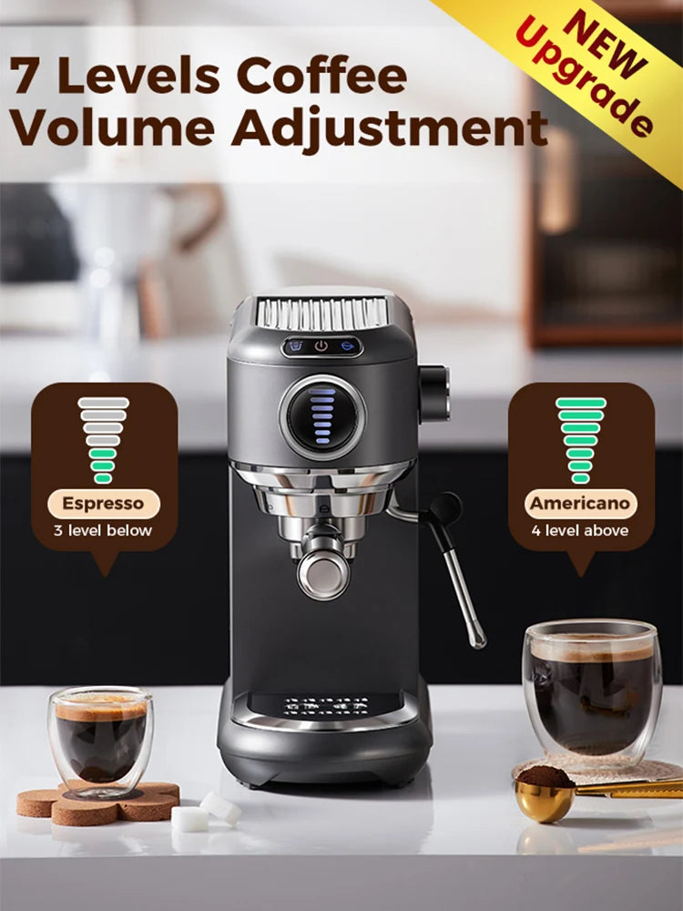 Coffee machine with 7 levels of coffee volume adjustment on a kitchen counter.