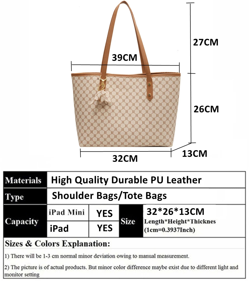 Vintage Large Print Tote Bags Trend Designer PU Leather Handbags Commuting Shoulder Bags