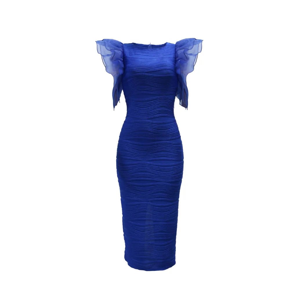 Elegant Hot Striped Bodycon Midi Dress with Sheer Ruffle Sleeves