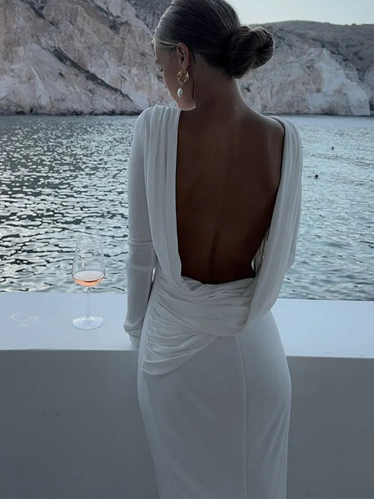 Chic Backless White Long-Sleeved Slim Fit Maxi Dress for Women - Elegant Pleated Evening Gown