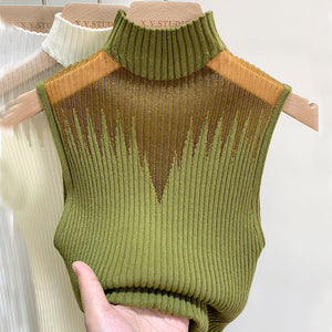 Women's Sleeveless Upper Mesh Turtle Neck Knitted Top Pullovers Top