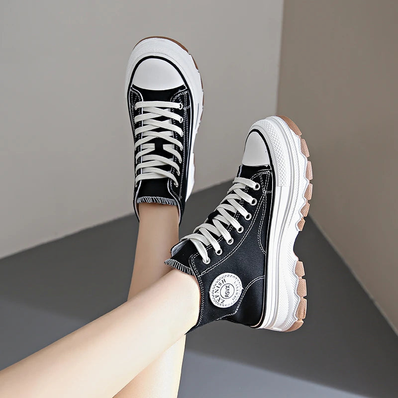 High-Top Lace-Up Casual High Platform Canvas Sneakers Non-Slip Running Shoes Wear Resistant Vulcanized Shoes