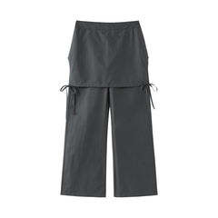 Women Solid Color Elastic Waist Loose Wide Leg Pant Fake Two Piece Casual Trousers