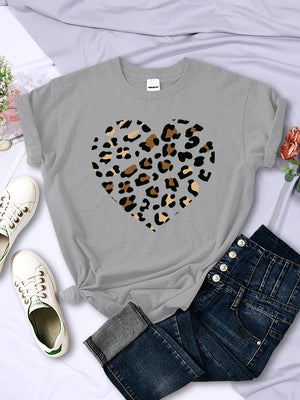 Broken Leopard Heart T-Shirt Casual Fashion Top Comfortable Women's TEE