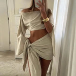 Chic Desert Wrap Skirt and Draped Crop Top Pagoda Sleeve 2-Piece Set