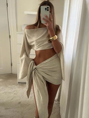 Chic Desert Wrap Skirt and Draped Crop Top Pagoda Sleeve 2-Piece Set