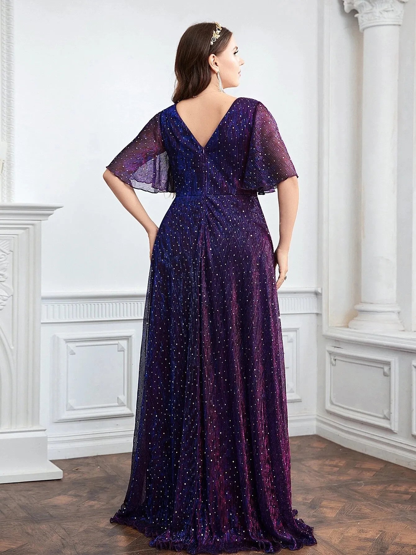 Plus Size Wedding Guest Bridesmaid Sequin Dress For Women Plunging Neck Butterfly Sleeve Glitter Prom Party Dresses