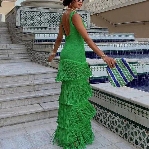 Maxi Dress Women Knit Slim High Waist Sleeveless Patchwork Cascading Tassel Elegant Fashion Summer