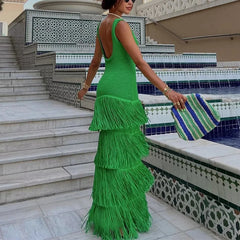 Summer Knit Slim Maxi Dress High Waist Sleeveless Knitwear Fashion Dress Elegant Patchwork Cascading Tassel Dress