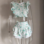 Women's Floral Patchwork Two Piece Set Cropped Top w/ Ruffle and Ruffled Mini Shorts Skirt