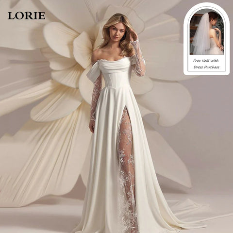 White wedding dress with lace detailing and a free veil offer on a soft floral background.