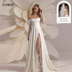 White wedding dress with lace detailing and a free veil offer on a soft floral background.