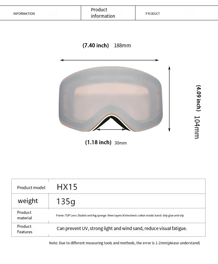 Ski Snowboard Goggles Unisex Skiing Eyewear Mask UV 400 Snow Protection Double Anti-Fog Cylindrical Design