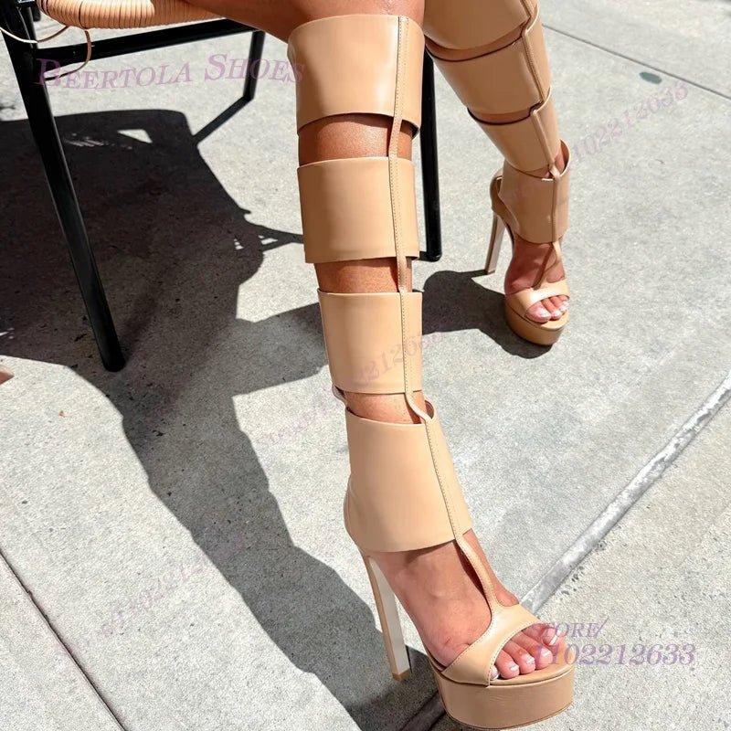 Cage Cut Out Platform Stiletto Knee High Boots Women Strappy Suede Buckle Elegant Party Summer