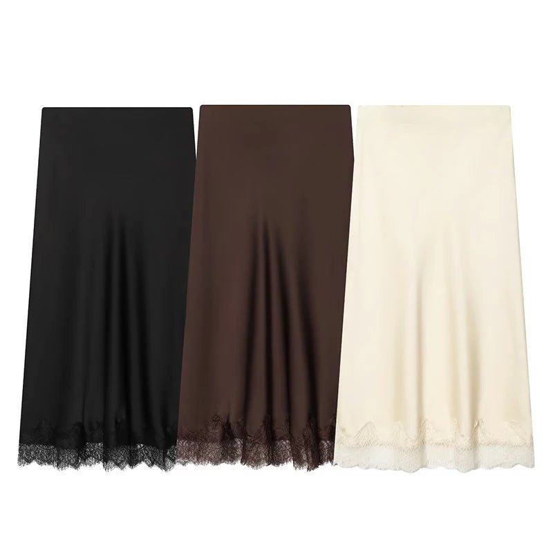 Three skirts in black, brown, and beige with lace trim on a white background