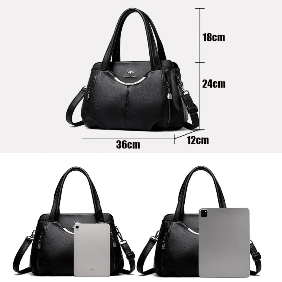 Black handbag with measurements on a white background