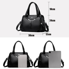 Black handbag with measurements on a white background
