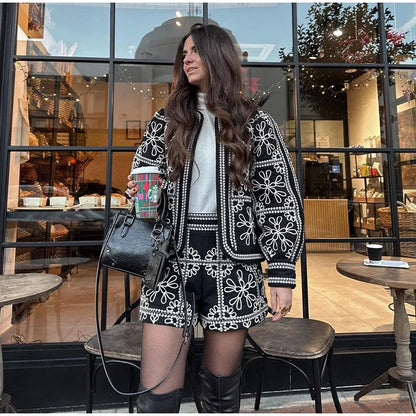 Two-Piece Embroidered Jacket and Shorts Set – Black and White Floral Pattern O-Neck Lantern Sleeve Coat High Waist Short Pants