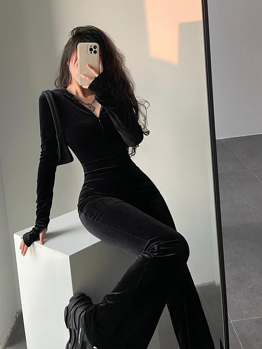 Boutique Fashion Black Velvet Hooded Jumpsuit Long Sleeves Flare Pants Slim Rompers w/ Zipper