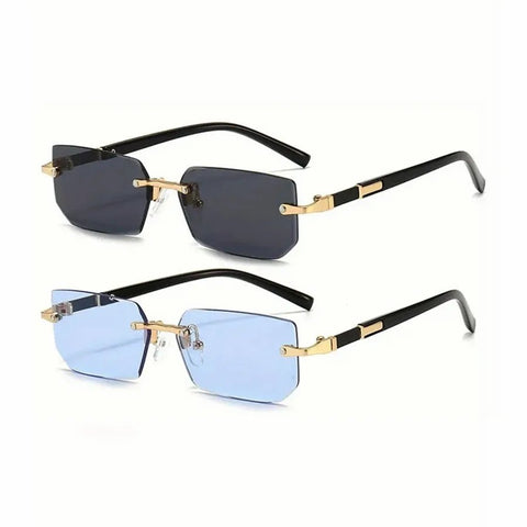 Two pairs of sunglasses with black and gold frames on a white background