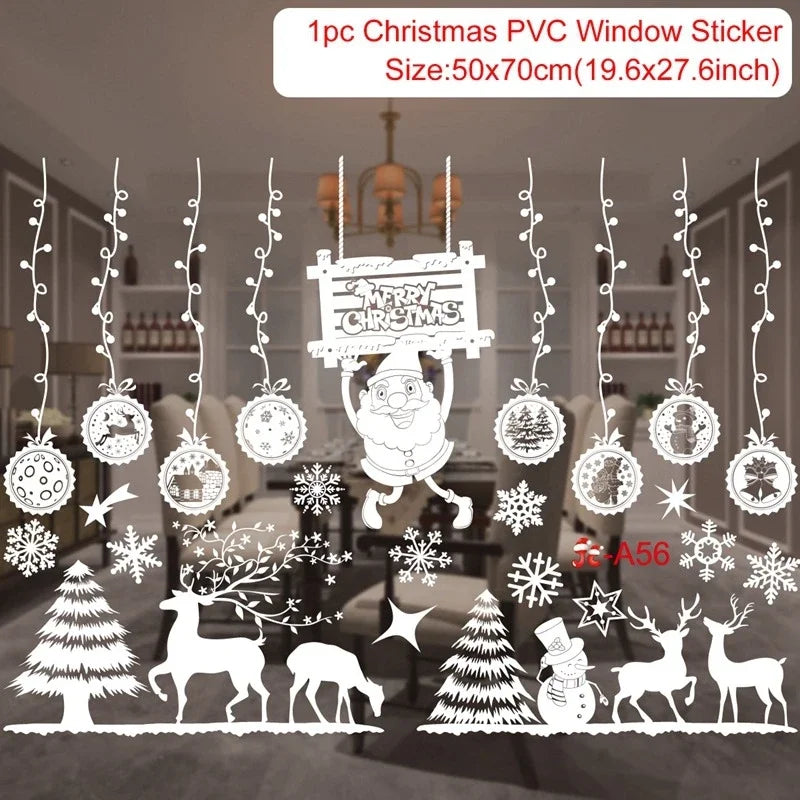 Christmas PVC window sticker with Santa Claus, reindeer, and snowflakes on a glass door.