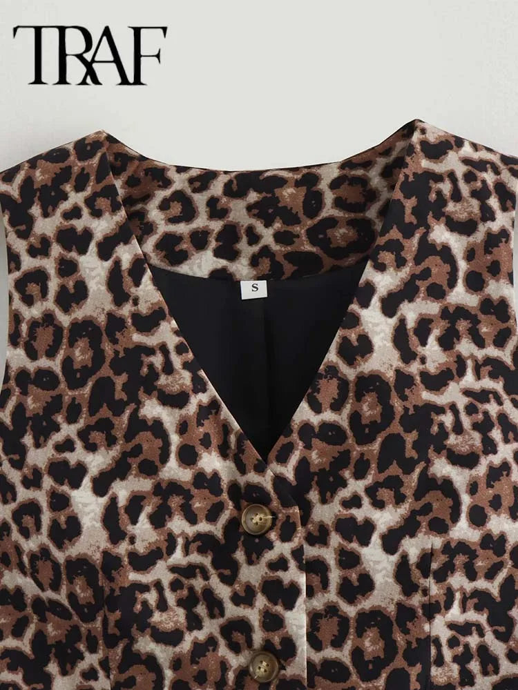 Women's Leopard Print Vest New Fashion V-Neck Single-Breasted Casual Vest Top