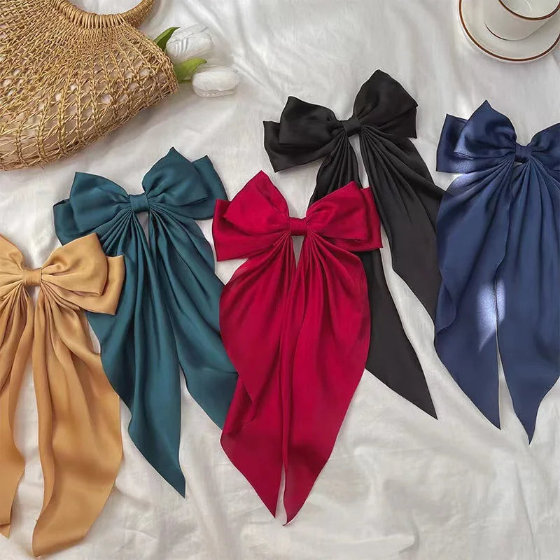 Elegant Bow Ribbon Hair Clip Fashion Simple Solid Satin Spring Clip Hair Pin Retro Headband with Clips Hair Accessories