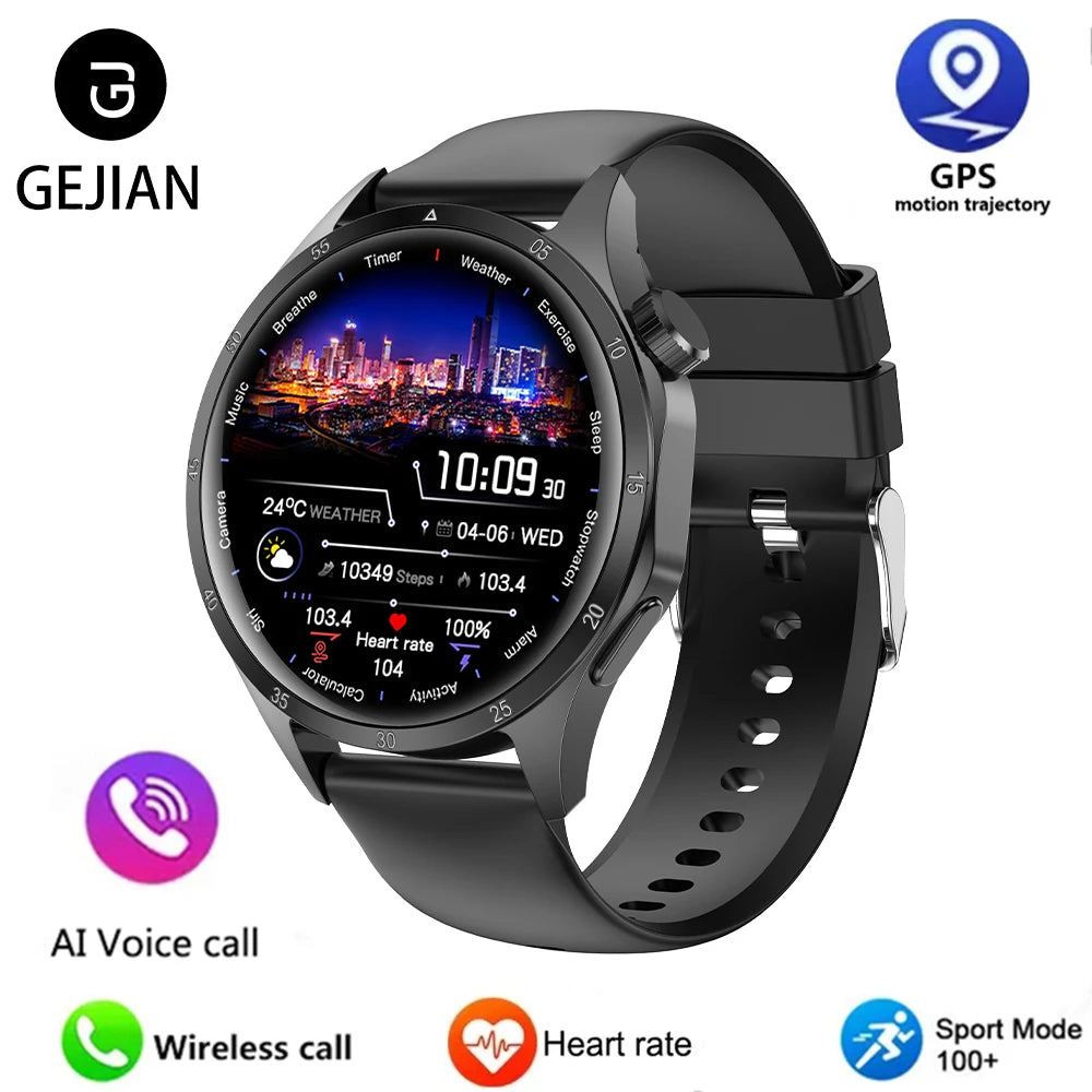 Smartwatch with display showing app icons and features on a white background, featuring the brand 'GEJIAN'.