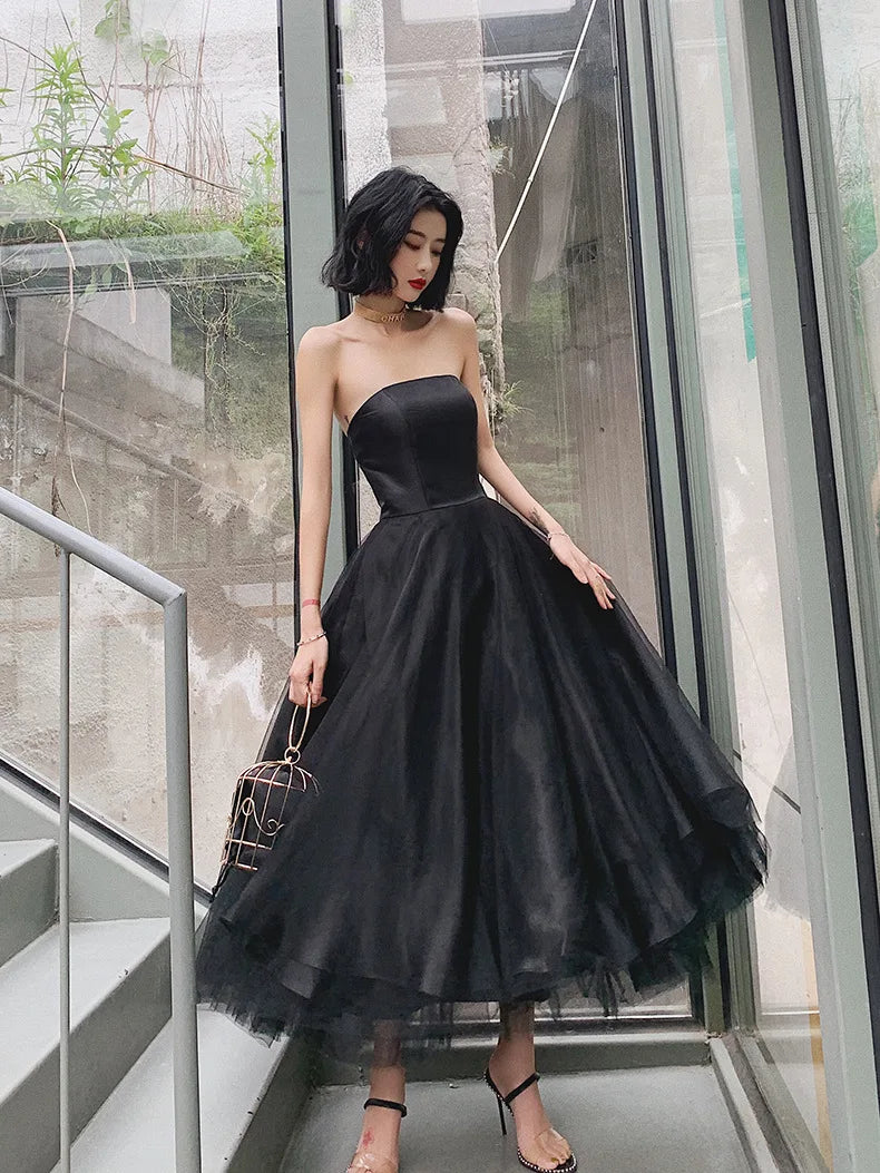 Elegant Strapless Black Tulle Midi Dress Prom Gown