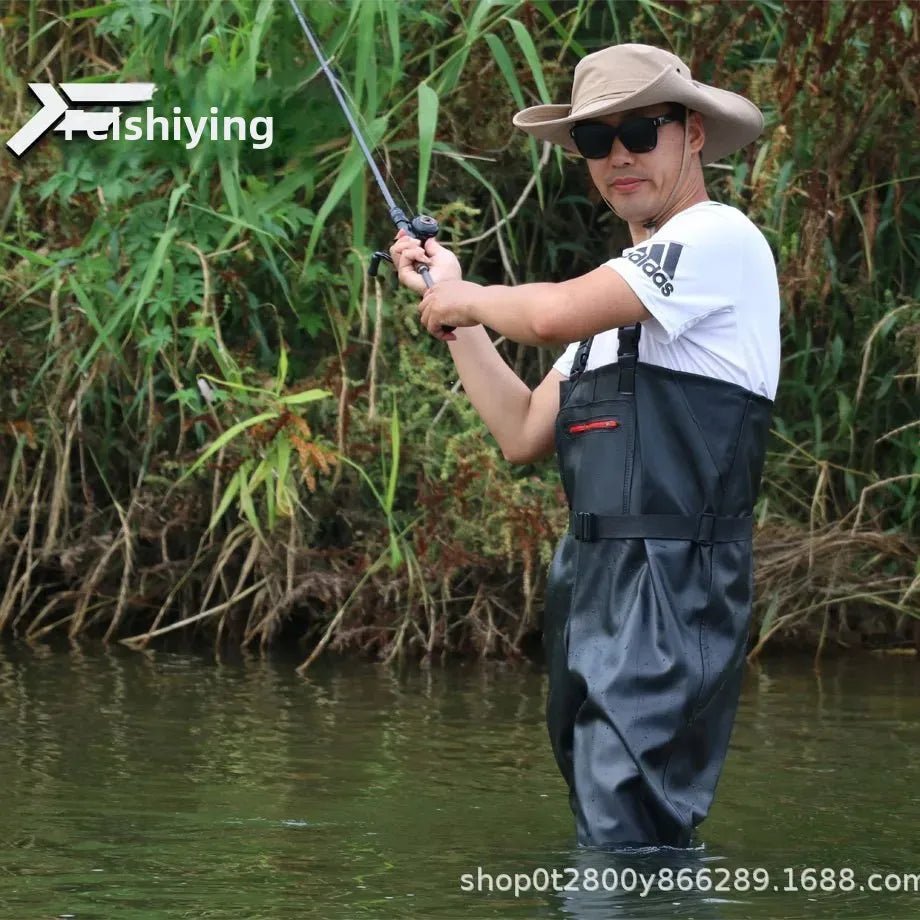 Man fishing in a river wearing a hat and sunglasses, with 'Feishiying' branding.