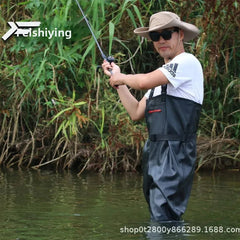 Man fishing in a river wearing a hat and sunglasses, with 'Feishiying' branding.