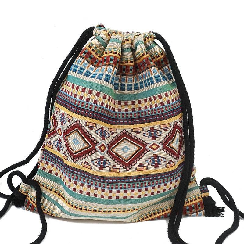 Boho Drawstring Backpack Women Fabric Hippie Chic Soft Brown Casual Travel School Fashion Bag
