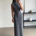 Elegant Pencil Long Dresses New Fashion Mock Neck Sleeveless Bodycon Party Dress Autumn Seamed with Split Maxi Dress