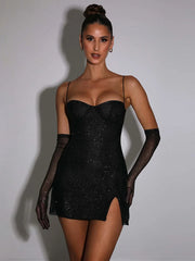 Elegant Glitter Sparkly Sexy Mini Dress For Women Elegant Sequin Off-shoulder Backless Bodycon Night Club Party Short Dress