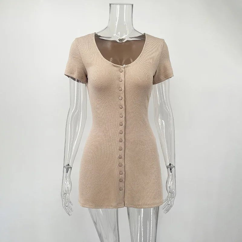 Beige short-sleeve button-up dress on a transparent mannequin against a white background