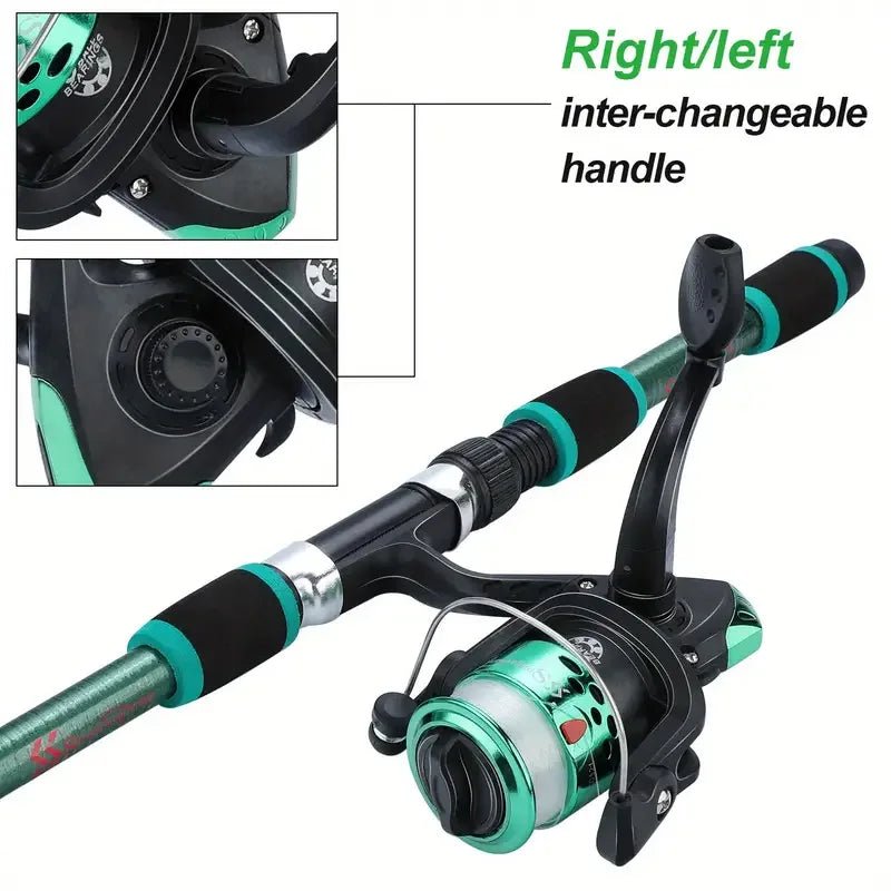 Fishing rod and reel set with interchangeable handle feature on a white background