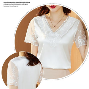 Short Sleeve Satin Lace Shirt Blouse Embroidered Stitch Elegant Tops for Women