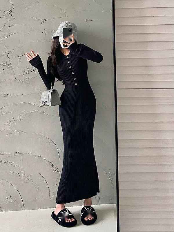 Sexy Slim Collar Long Sleeve Knit Slim Maxi Dress