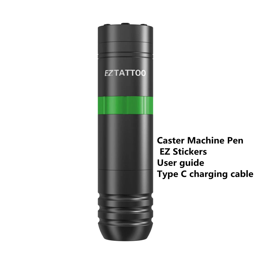 Black tattoo machine pen with green accent on a white background