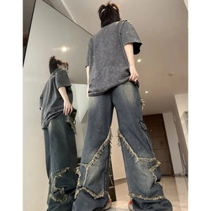 Women's Distressed Blue Jeans Contrasting Colors High Waist American Streetwear Wide Leg Pants Hip Hop Fashion Vintage Straight Trousers