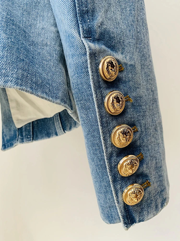 Women's Boutique Fashion Jean Jacket Slim Fit Double Breasted Gold Lion Buttons Denim Blazer