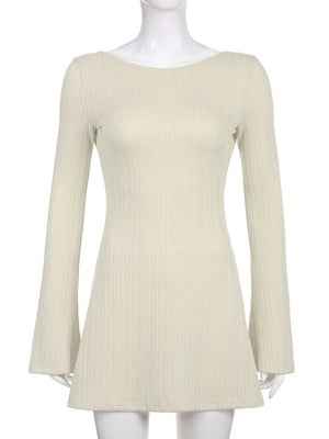 Backless Chic Long-Sleeve Knit Mini Dress Slim Elegant Autumn Winter Mini Dress