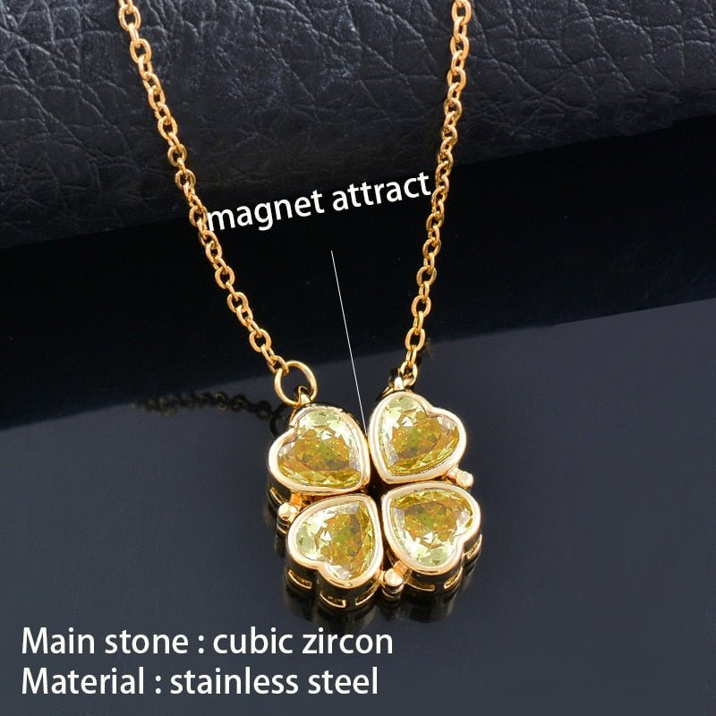 Clover Pendant Necklace Women Four Leaf Heart Crystal Gold Plated Stainless Steel Cubic Zirconia