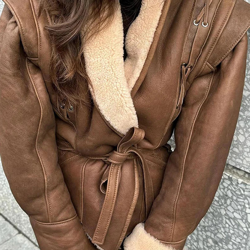 Faux Fur PU Leather Women's Jacket - Street Vintage V-Neck Long Sleeve Belt Coat, Winter Thick Patchwork Chic Hem Outwear