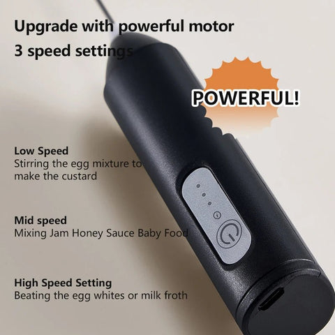 Black handheld mixer with text on speed settings and power features.