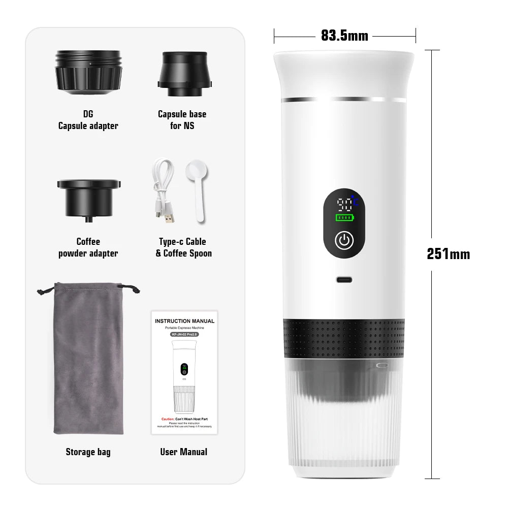 White coffee maker with accessories and dimensions on a white background