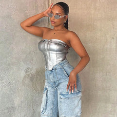 Fashion Bustier PU Corset Top Sexy Outfits Party Nightclub Tanks & Camis for Women