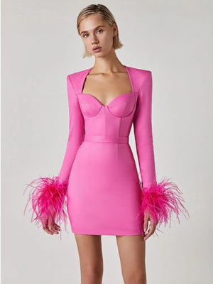 Women'r Sexy Long Sleeve with Feathers Hot Pink / Black Mini Bodycon Bandage Dress Elegant Evening Party Wedding Guest Dress