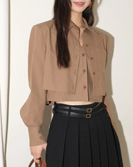White/Khaki Fake 2-Piece Shirt Boutique Design Short Casual Long-Sleeved Crop Top