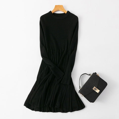 Long Sleeve Knit A-Line Midi Dress Women Loose Patchwork O-Neck Casual Elegant Fashion Dress